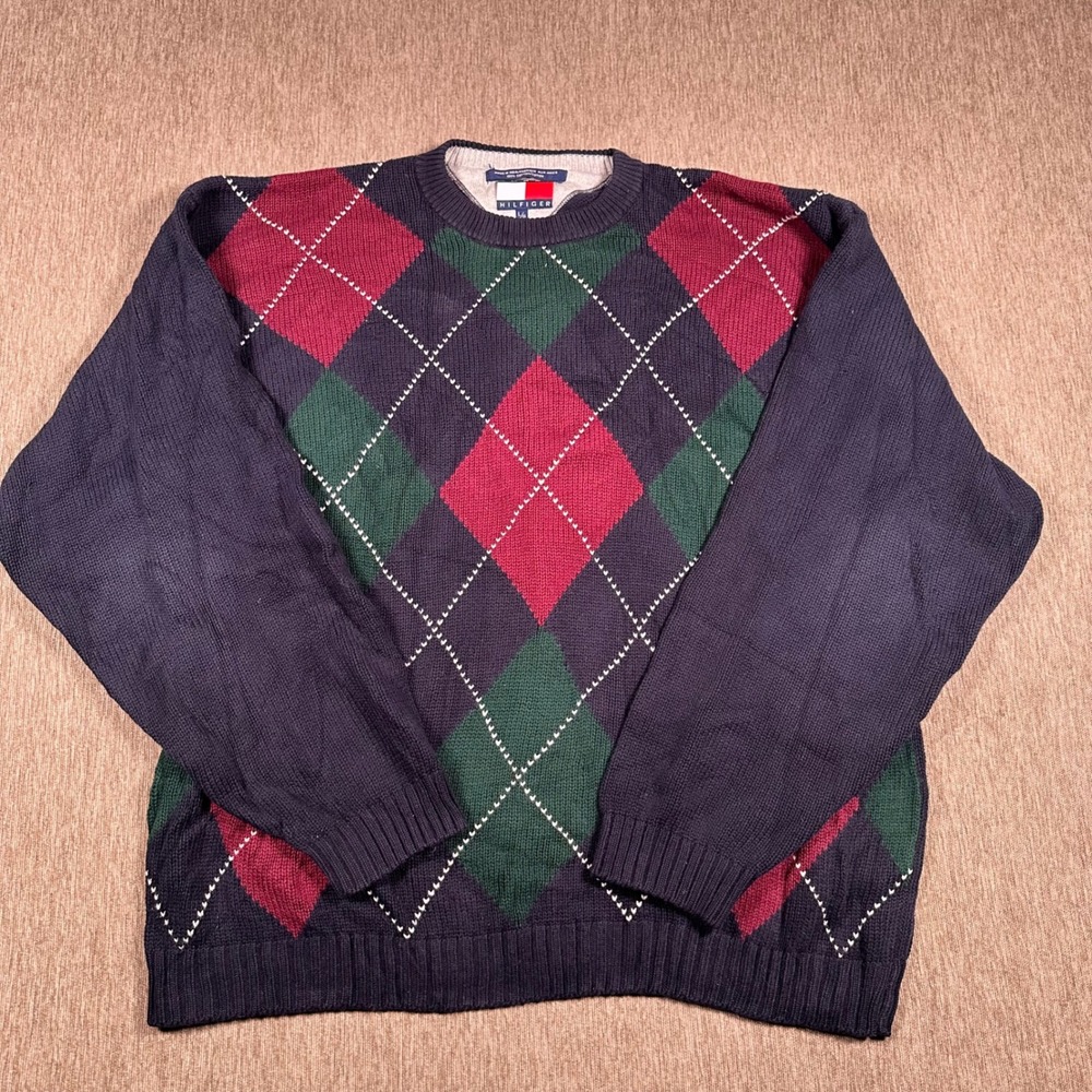Tommy Hilfiger Mens Argyle Knit Sweater Navy Blue Red Green Cotton Large Vintage